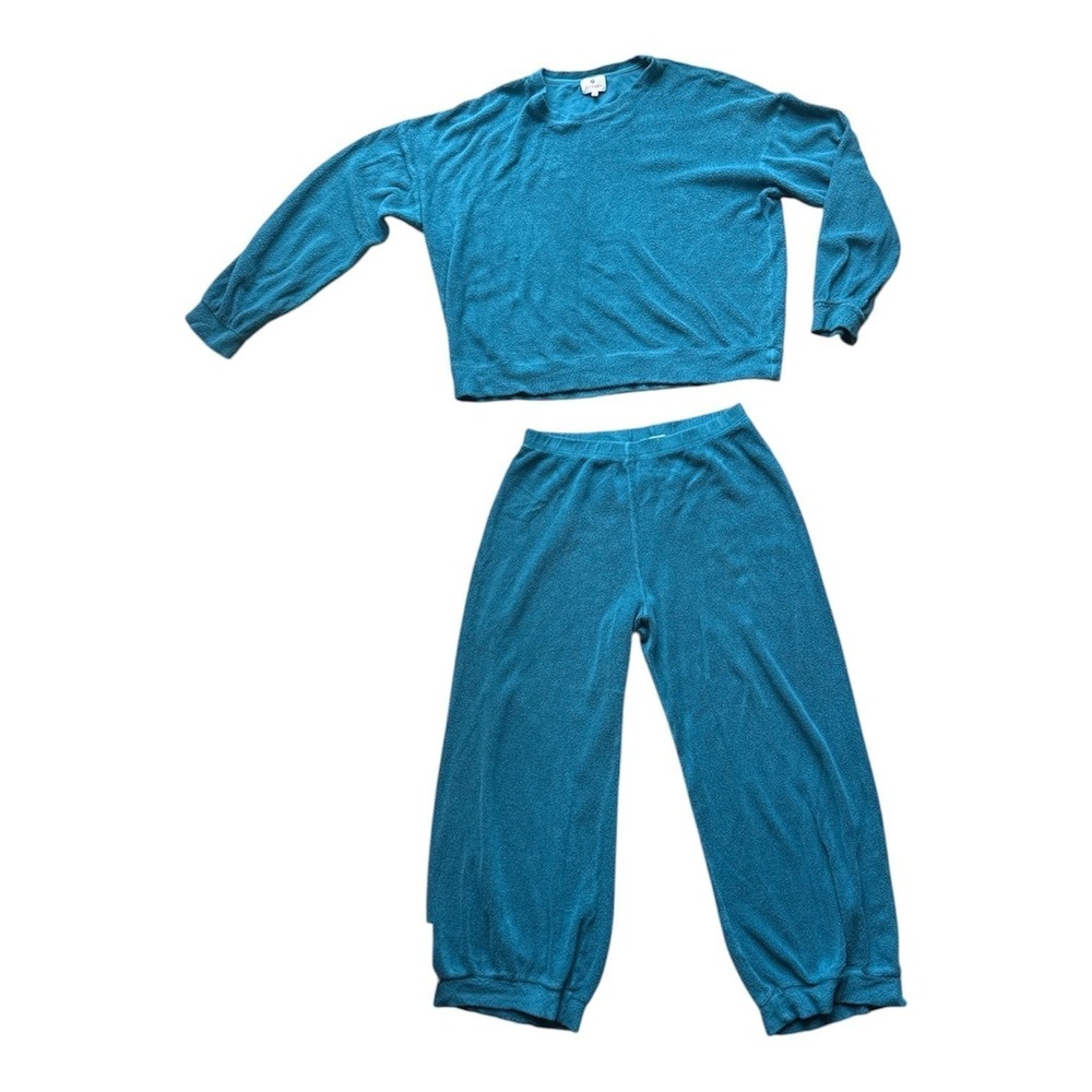 Sundry Teal Blue Cotton Modal Lounge Set Pullover & Wide Leg Pants Made in USA 2